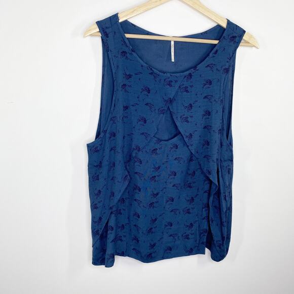 Free People Look Through Cut Out Blue Printed Tank Top Women's Size Large L - Picture 2 of 9
